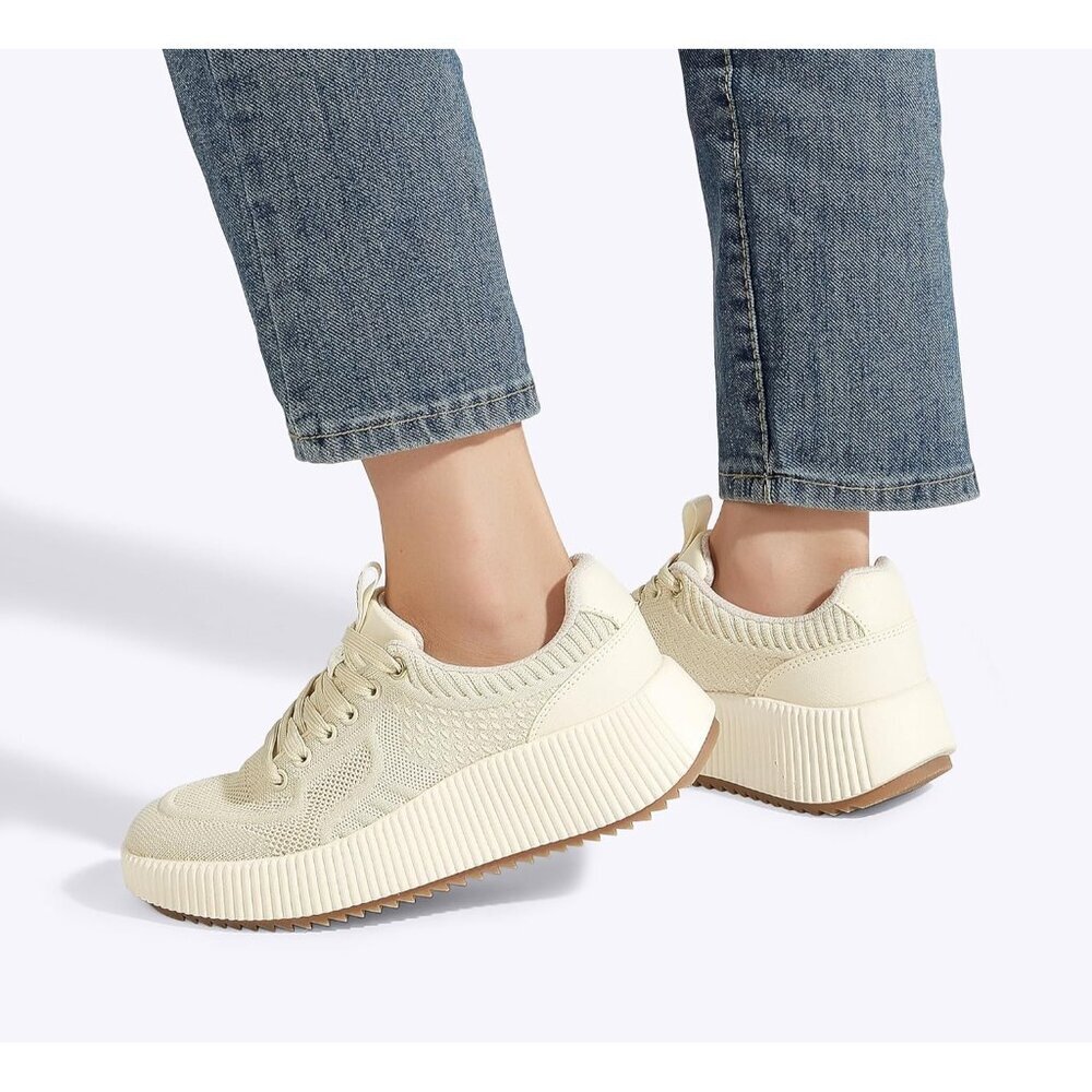 Lucky Step Women's Beige Platform Sneakers Rhinestone Fashion Chunky Shoes - Picture 8 of 9